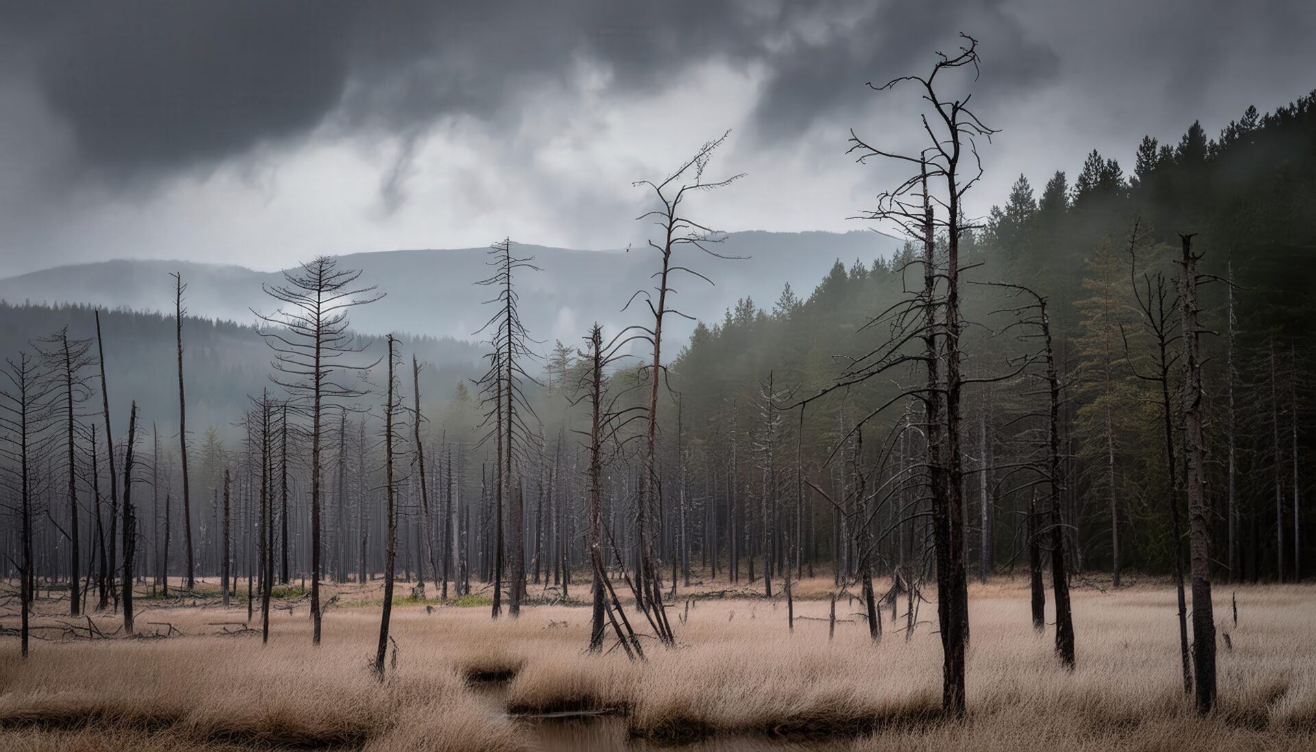 酸性雨で枯れた山間の森
