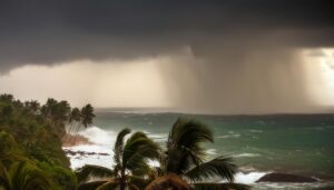 海岸に迫る激しいスコール