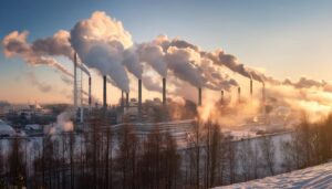 煙突から煙が立ち上る冬の工場