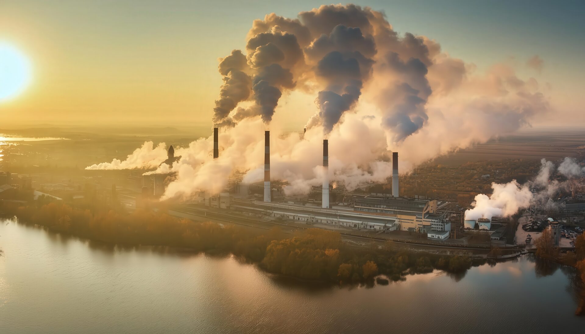 湖畔の工場と煙