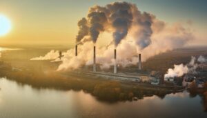 湖畔の工場と煙