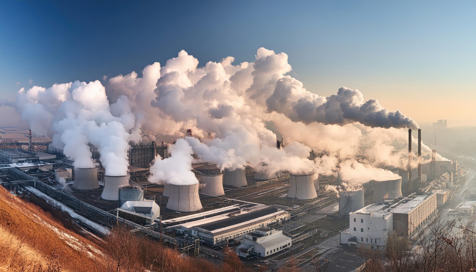 冷却塔から煙が上がる工場