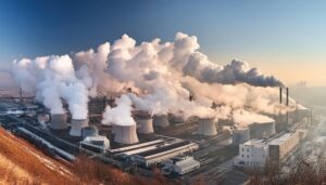 冷却塔から煙が上がる工場