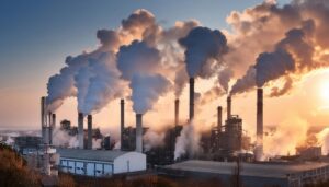 夕暮れ時の工場群