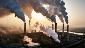 日没の工場と煙