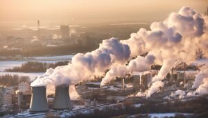 雪景色の中の工場