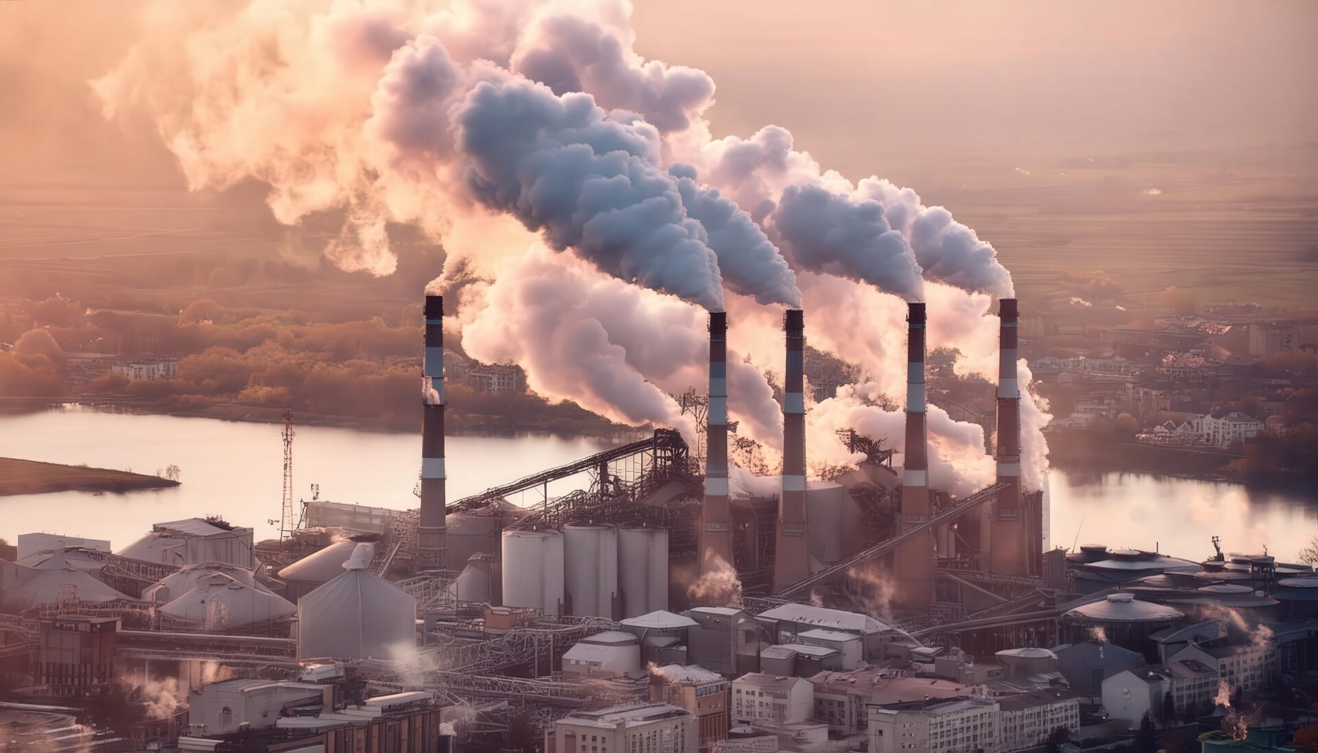 川沿いの工場と煙突群