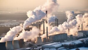 煙突から煙が立ち上る冬の工業地帯