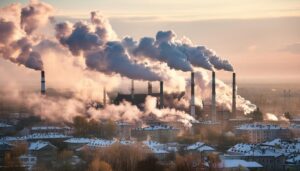 住宅街近くの工場と煙