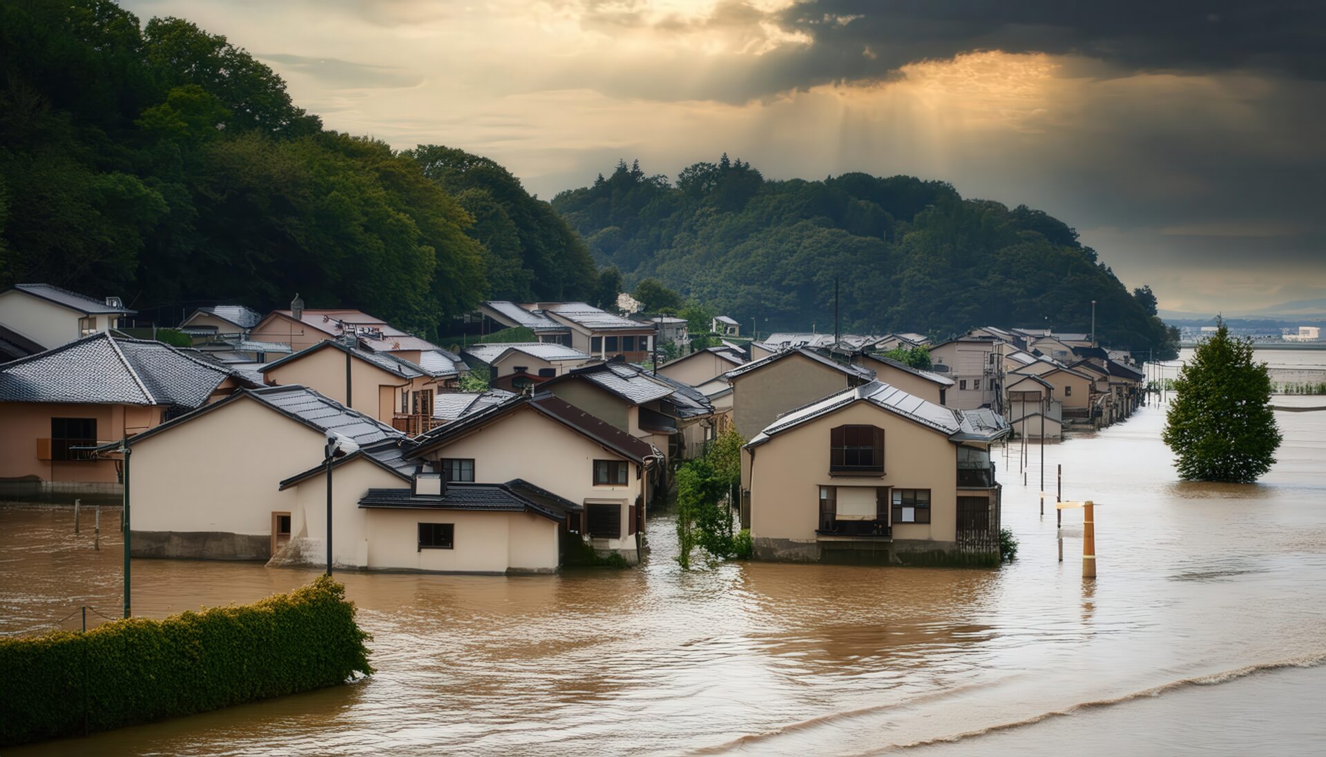 浸水した住宅街と曇り空