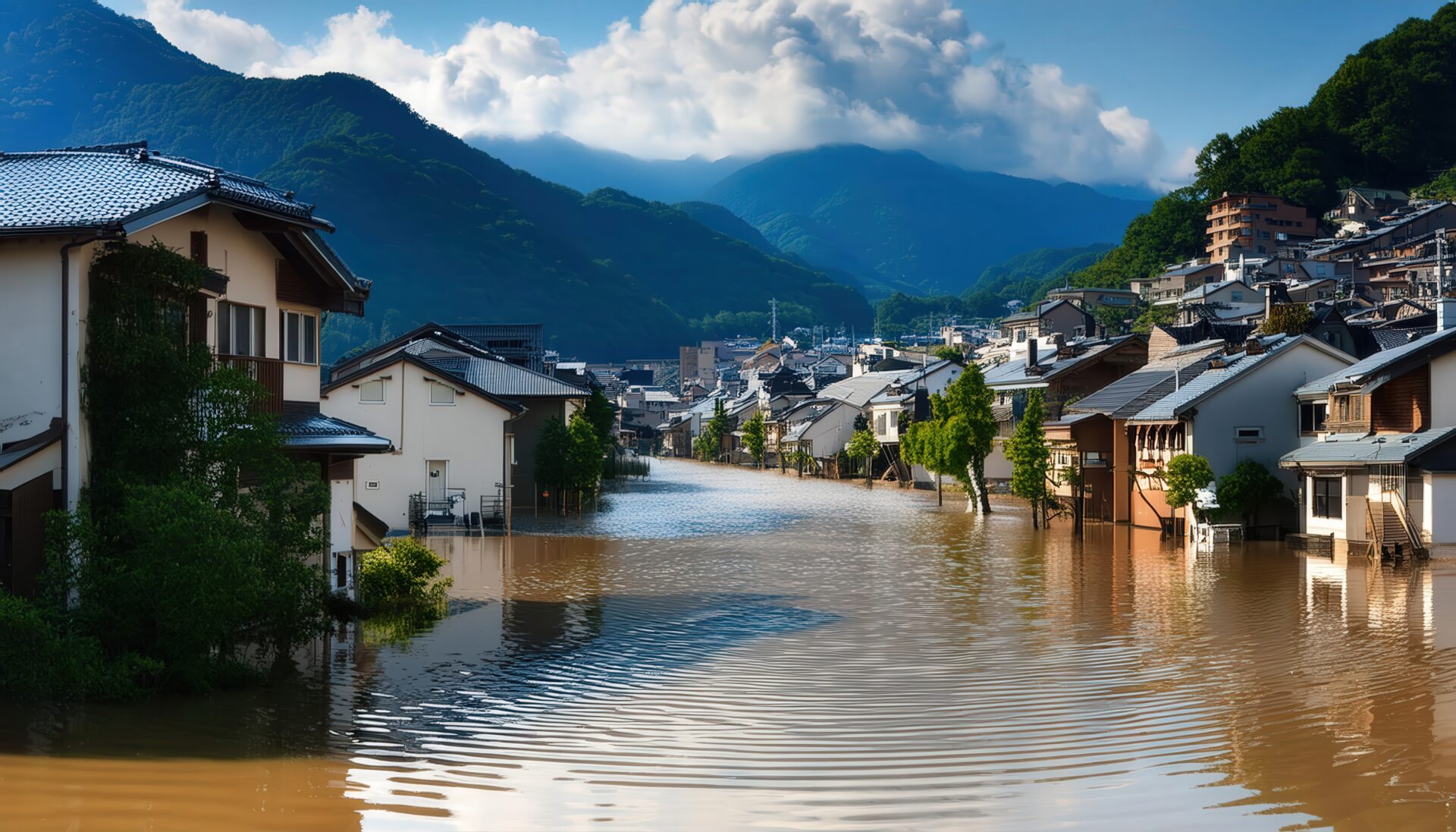 山間の街並みと洪水被害