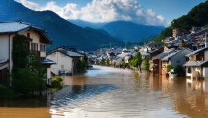 山間の街並みと洪水被害