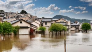 洪水に沈む住宅街