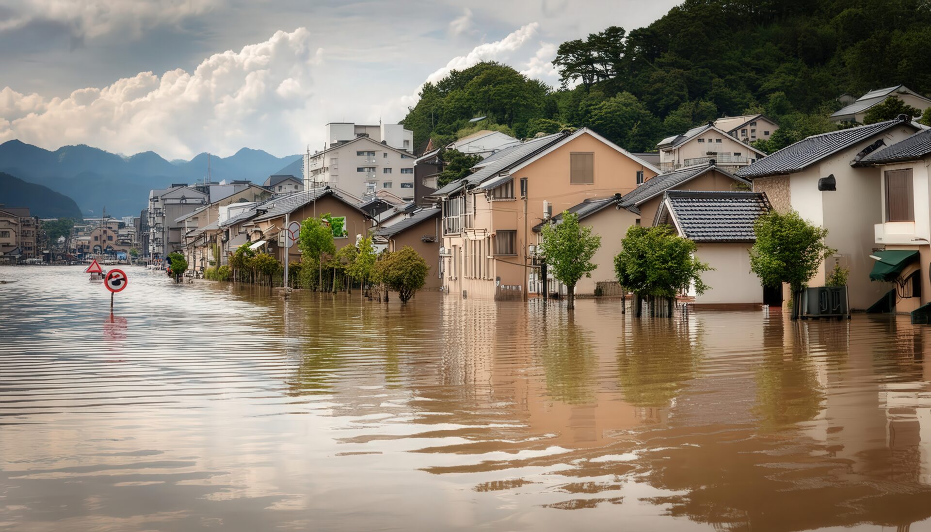 道路標識が沈む洪水被害