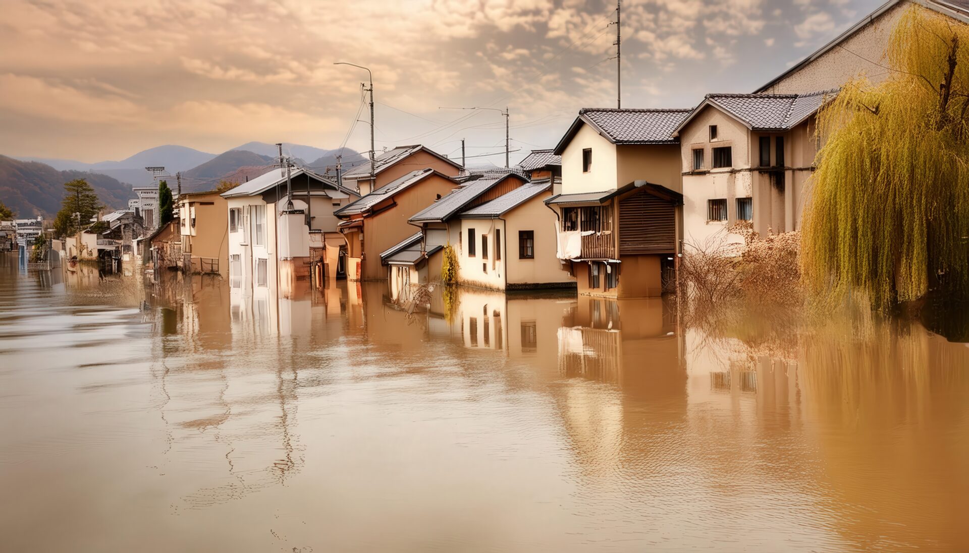 洪水で冠水した日本家屋
