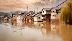 洪水で冠水した日本家屋
