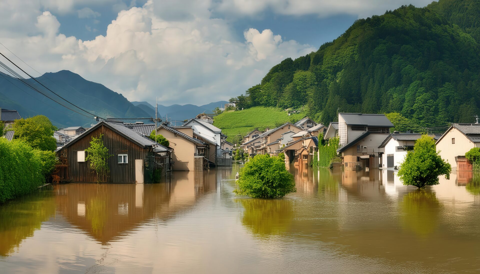 緑に囲まれた洪水被害の村