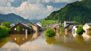 緑に囲まれた洪水被害の村