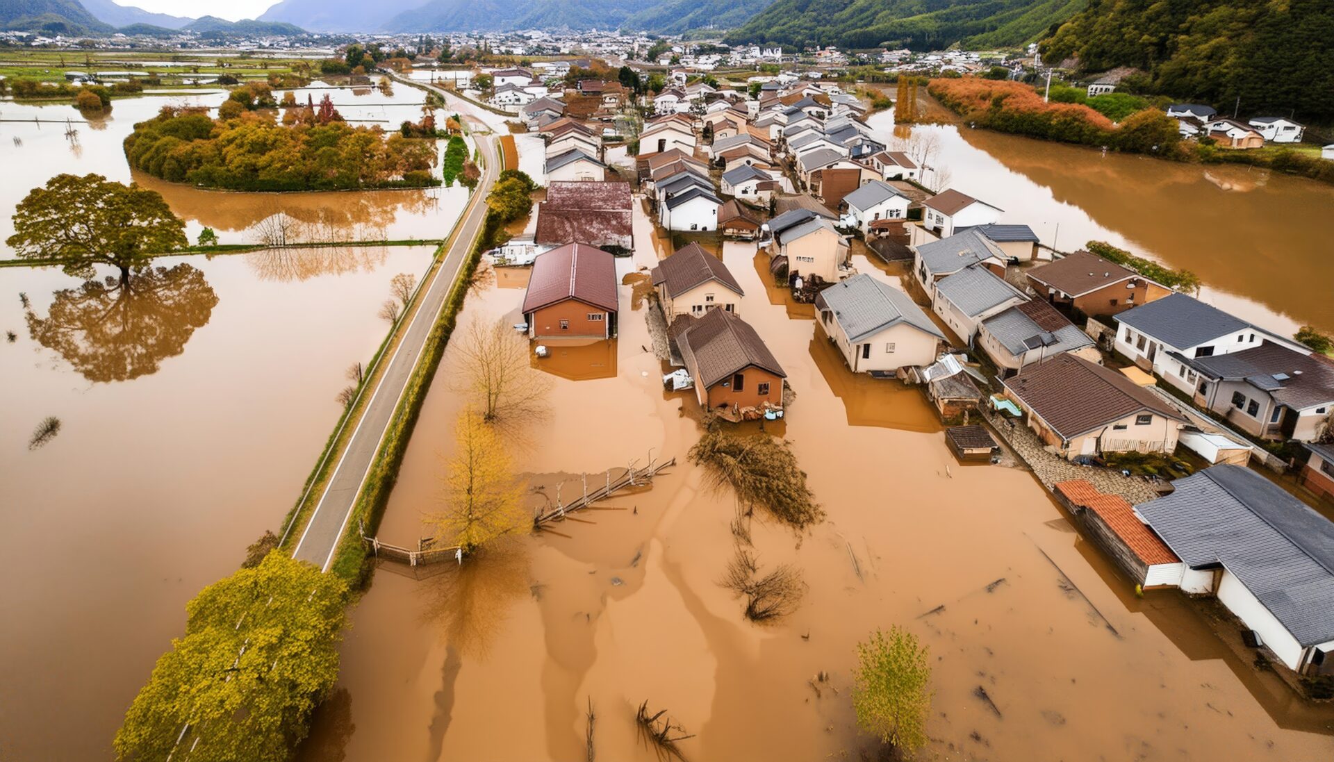洪水に浸かる農村と住宅地