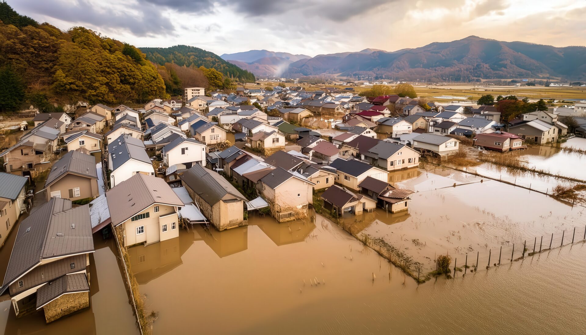 洪水に見舞われた山間の集落