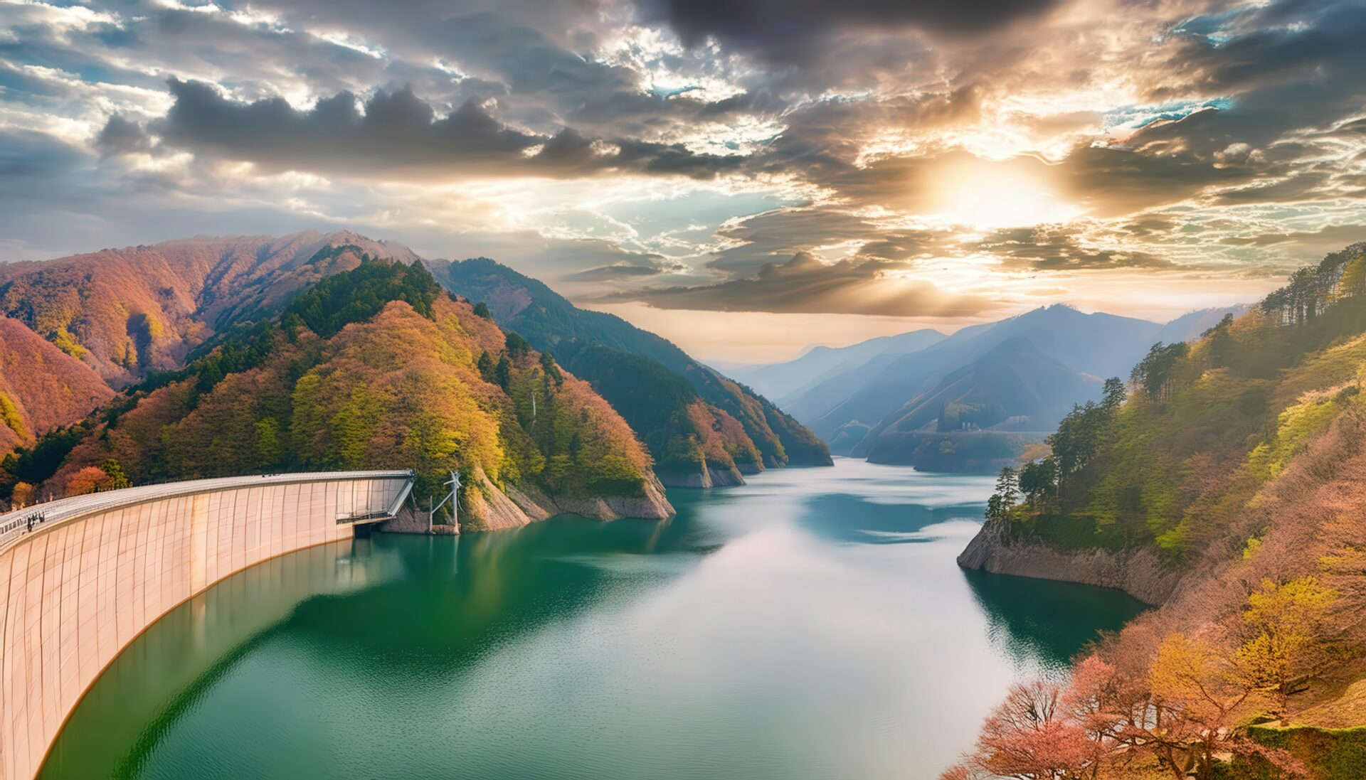 ダム湖と紅葉の山
