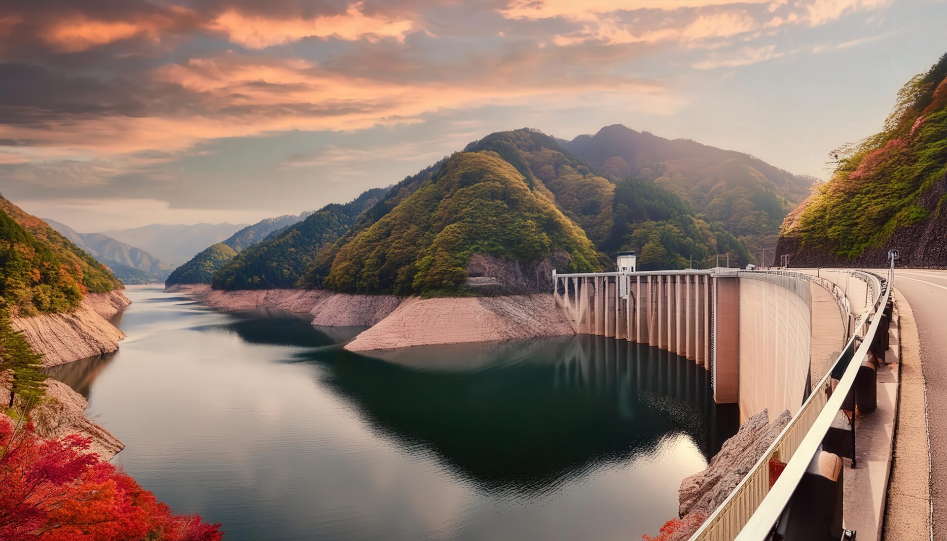 ダムと秋の山々