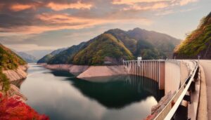 ダムと秋の山々