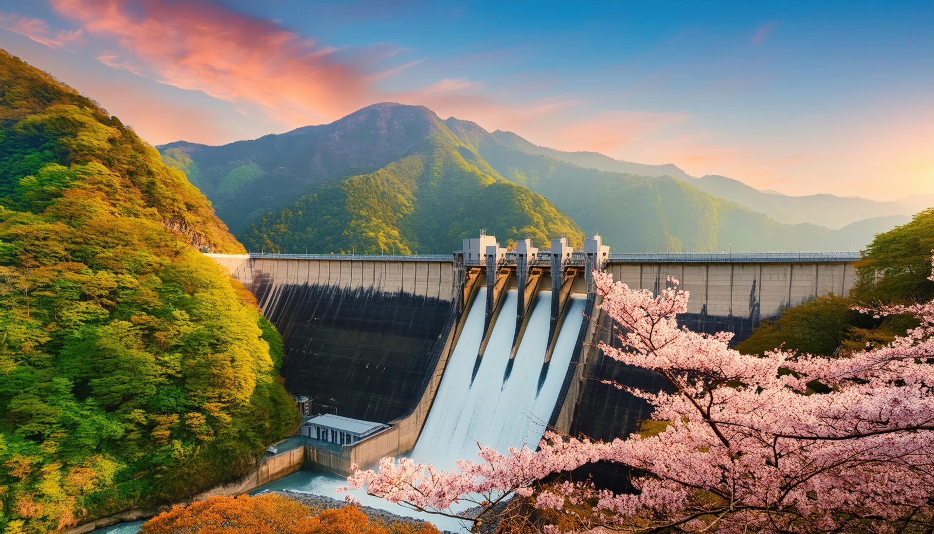 春の桜とダム放水