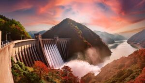 秋の夕焼けとダム放水