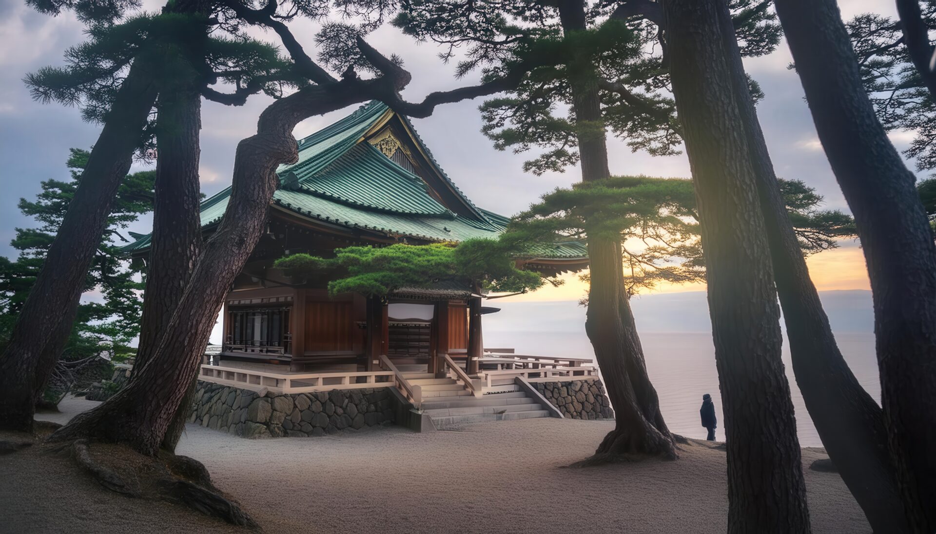 海沿いの神社と松林