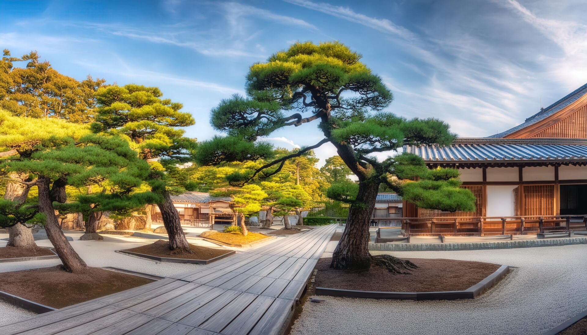 日本庭園と松の木