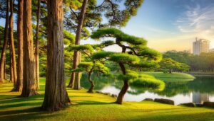 池と松が美しい公園