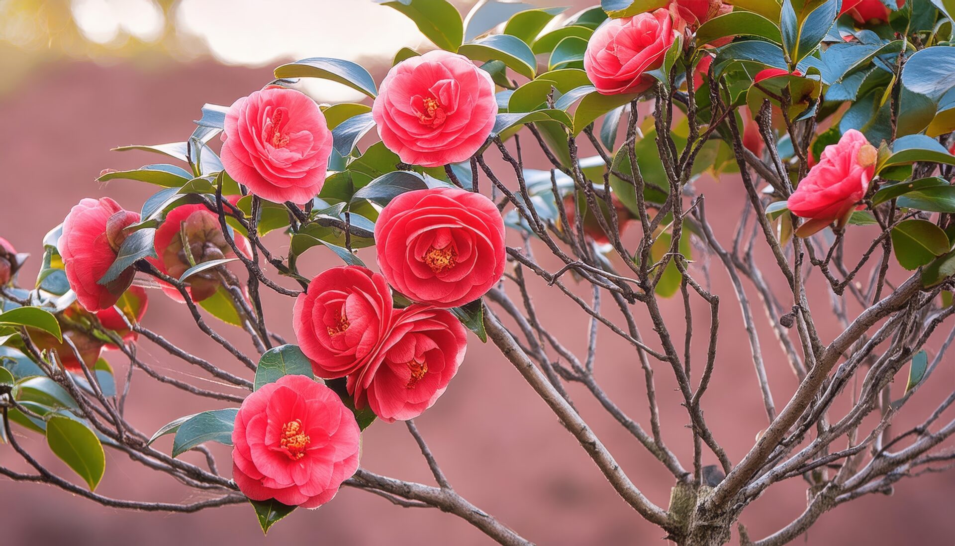 枝に咲く赤い椿の花