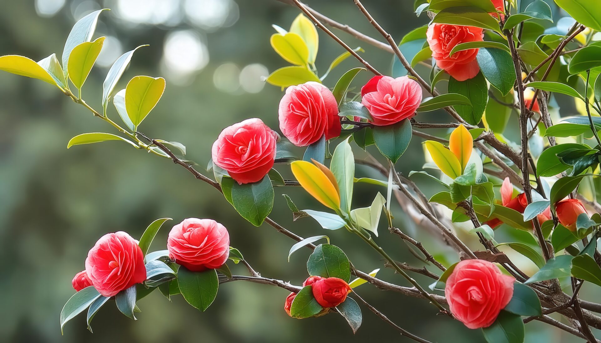 葉と一緒に咲く赤い椿