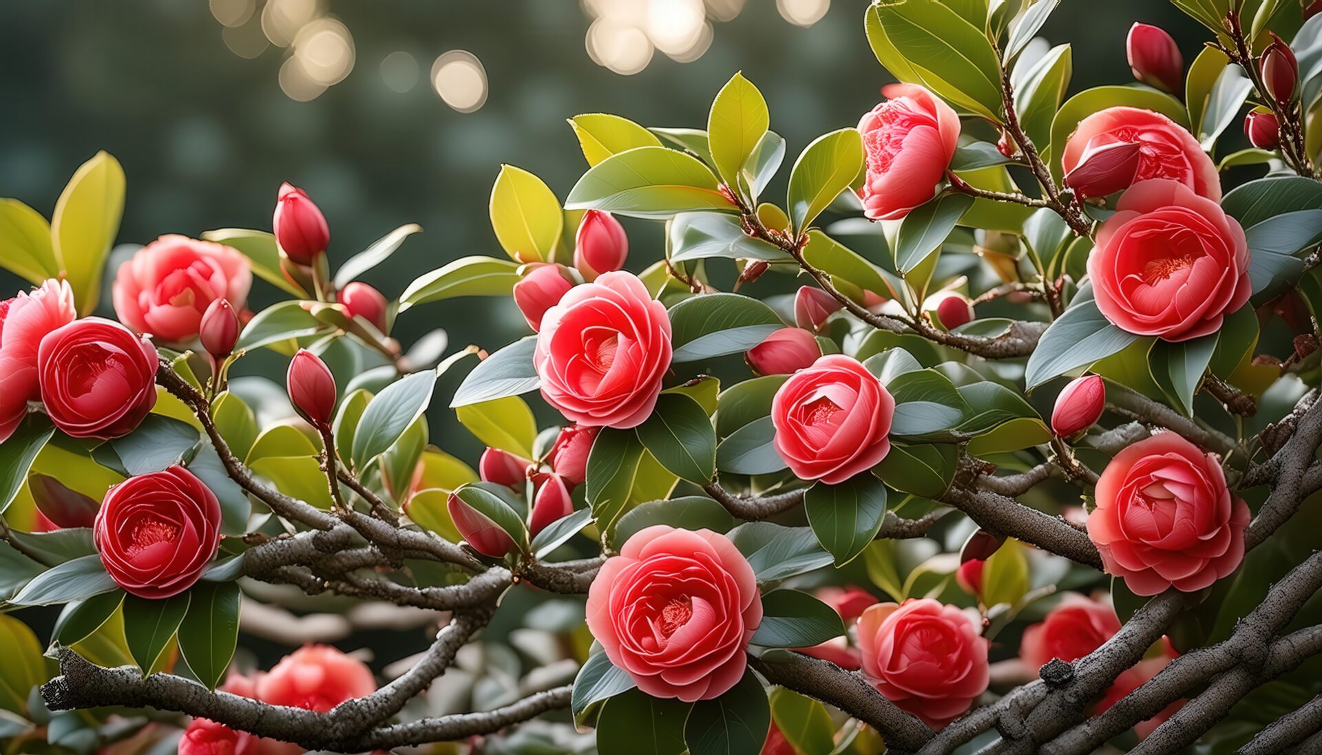赤い椿が咲く木の枝
