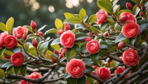 赤い椿が咲く木の枝