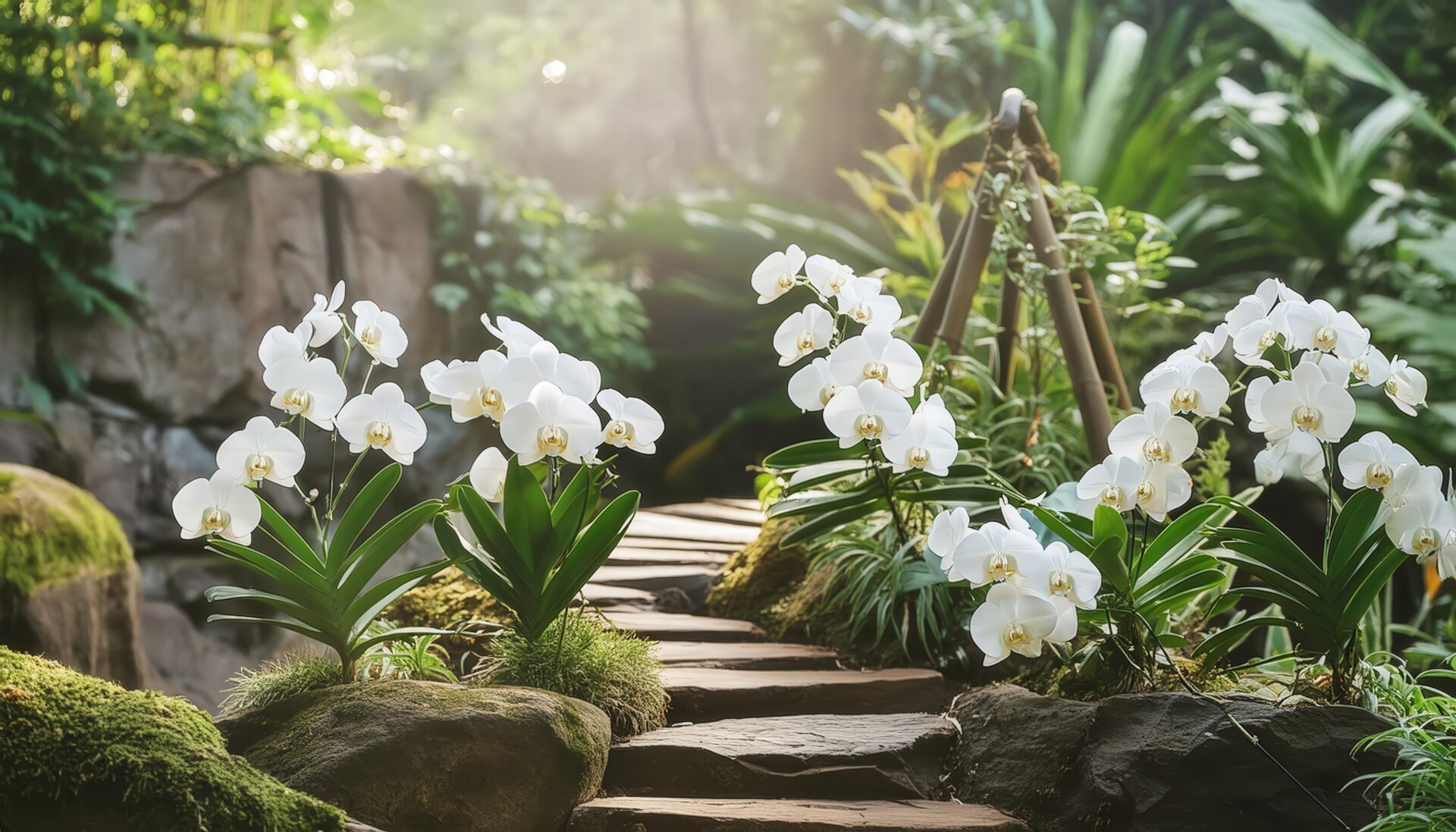 白い蘭の花と石畳