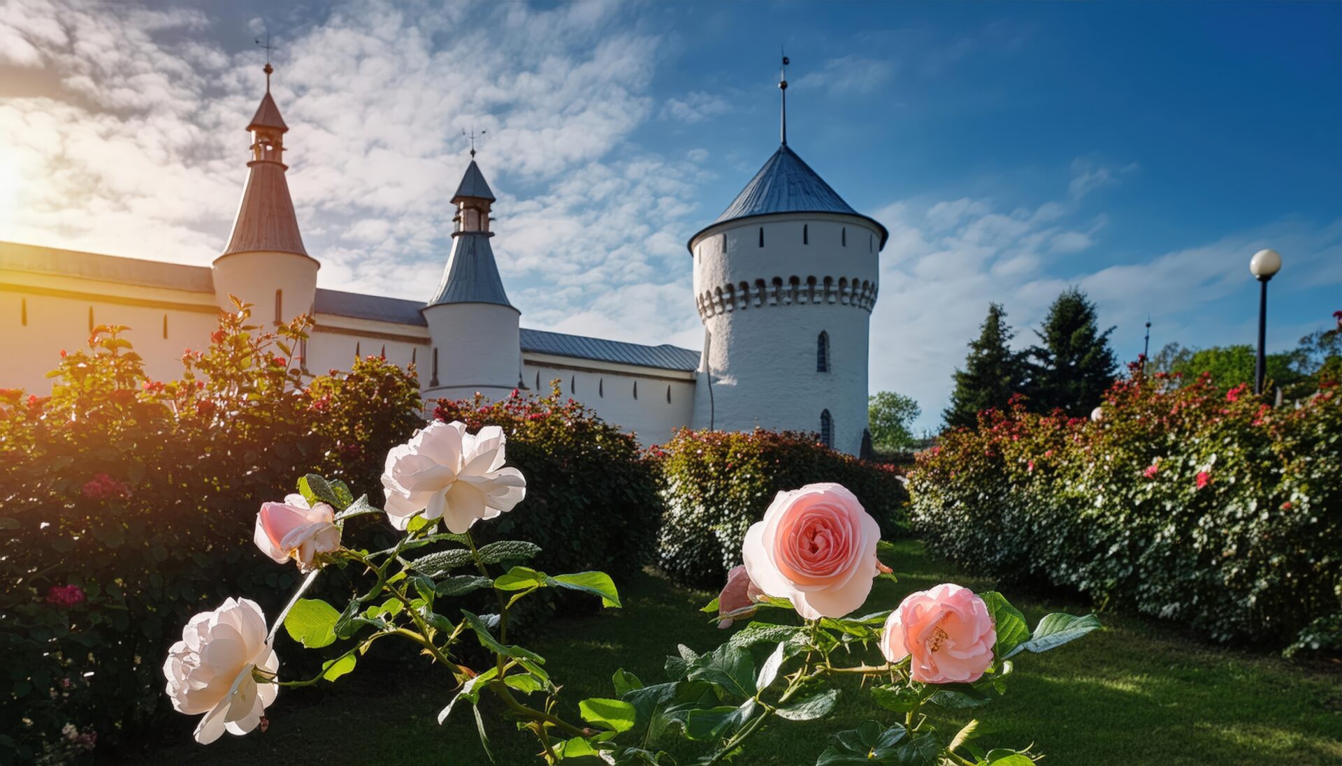 青空と白い雲を背景にした歴史的建造物と庭園のバラ