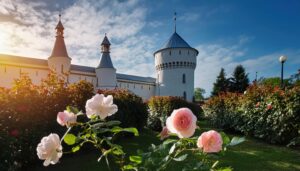 青空と白い雲を背景にした歴史的建造物と庭園のバラ