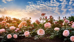 夕焼け空とピンクローズガーデンの風景