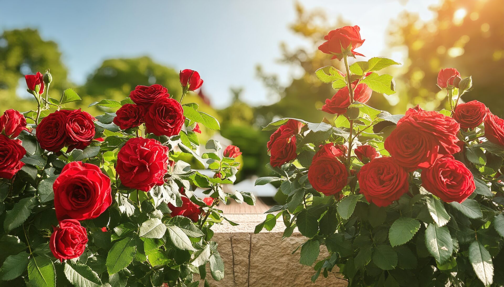 緑の葉に映える赤いバラの庭園風景