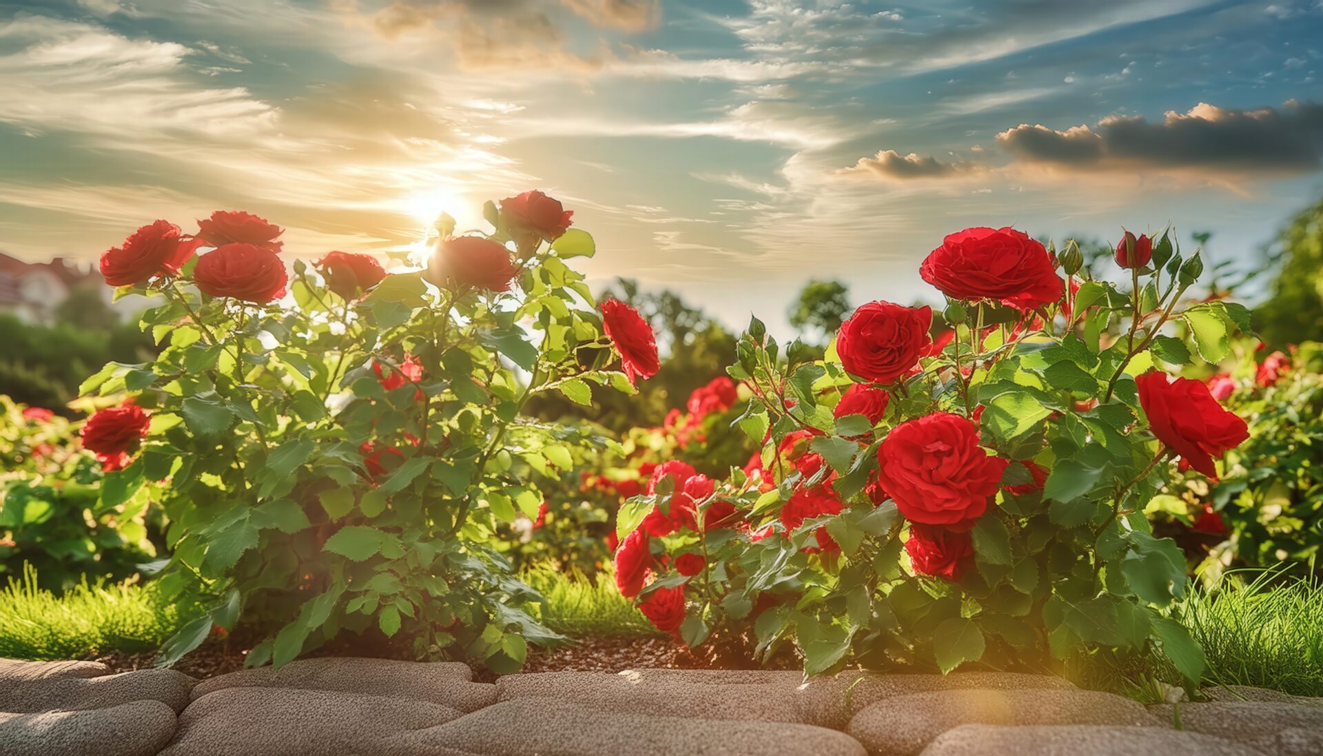 夕日に輝く赤いバラの花畑