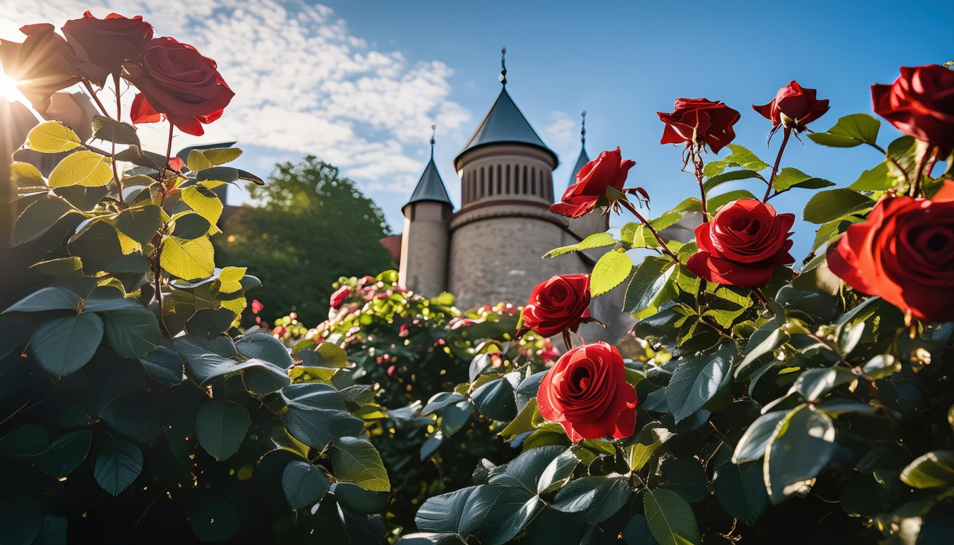 古城のような塔を背景にした赤いバラの風景