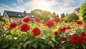 朝日に照らされた赤いバラのある郊外の庭園風景