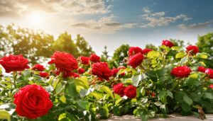 夏の青空と咲き誇るバラの風景