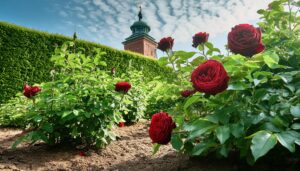 歴史的建物を背景にしたバラ庭園