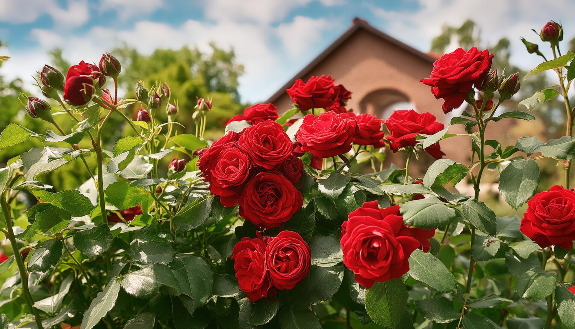 住宅前に咲くバラの花々