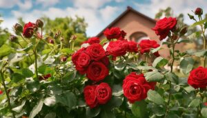 住宅前に咲くバラの花々