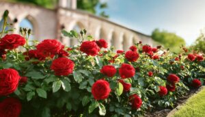 石造りの建物と調和するバラの景観