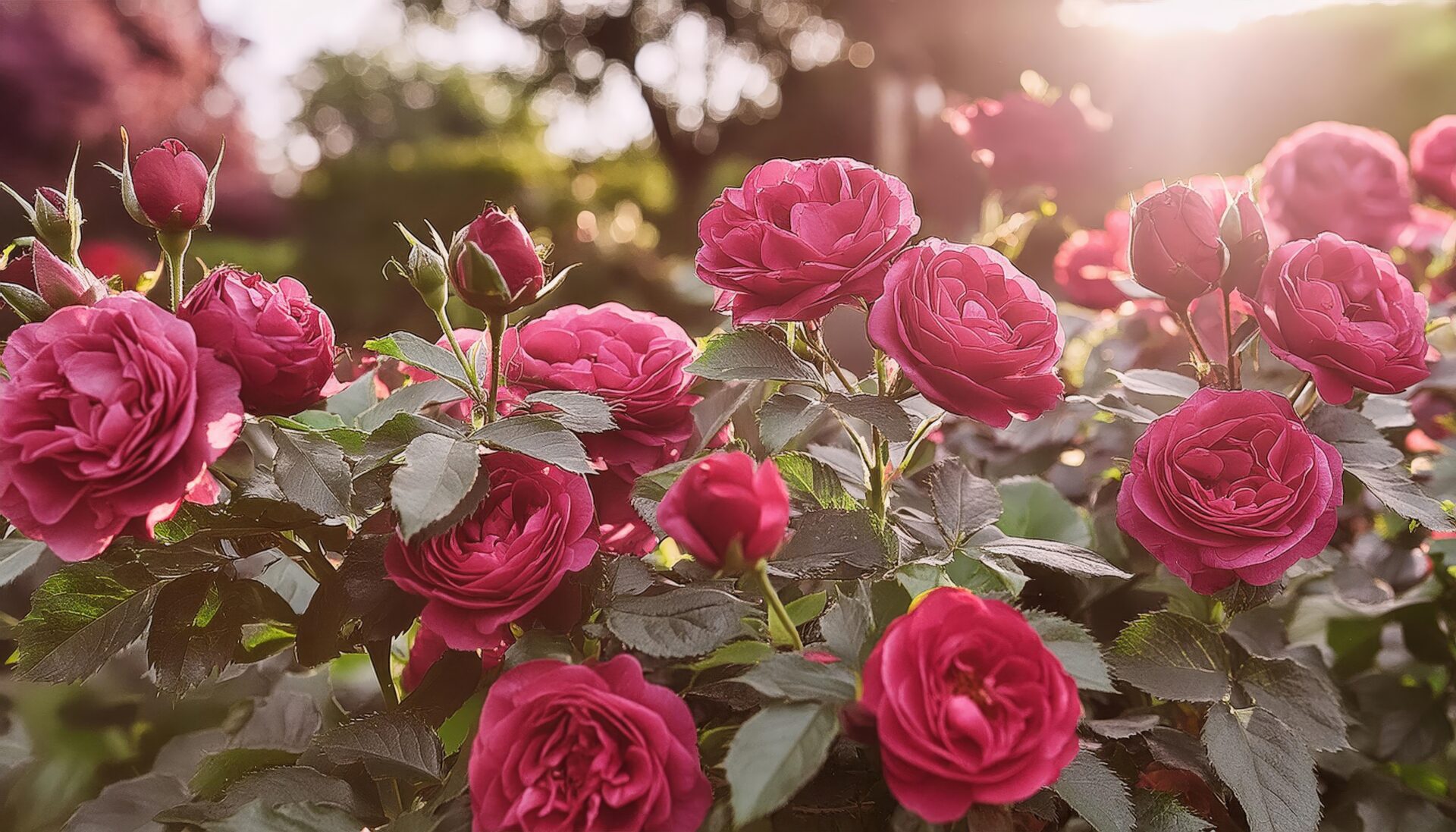 朝日に照らされるピンクのバラ庭園